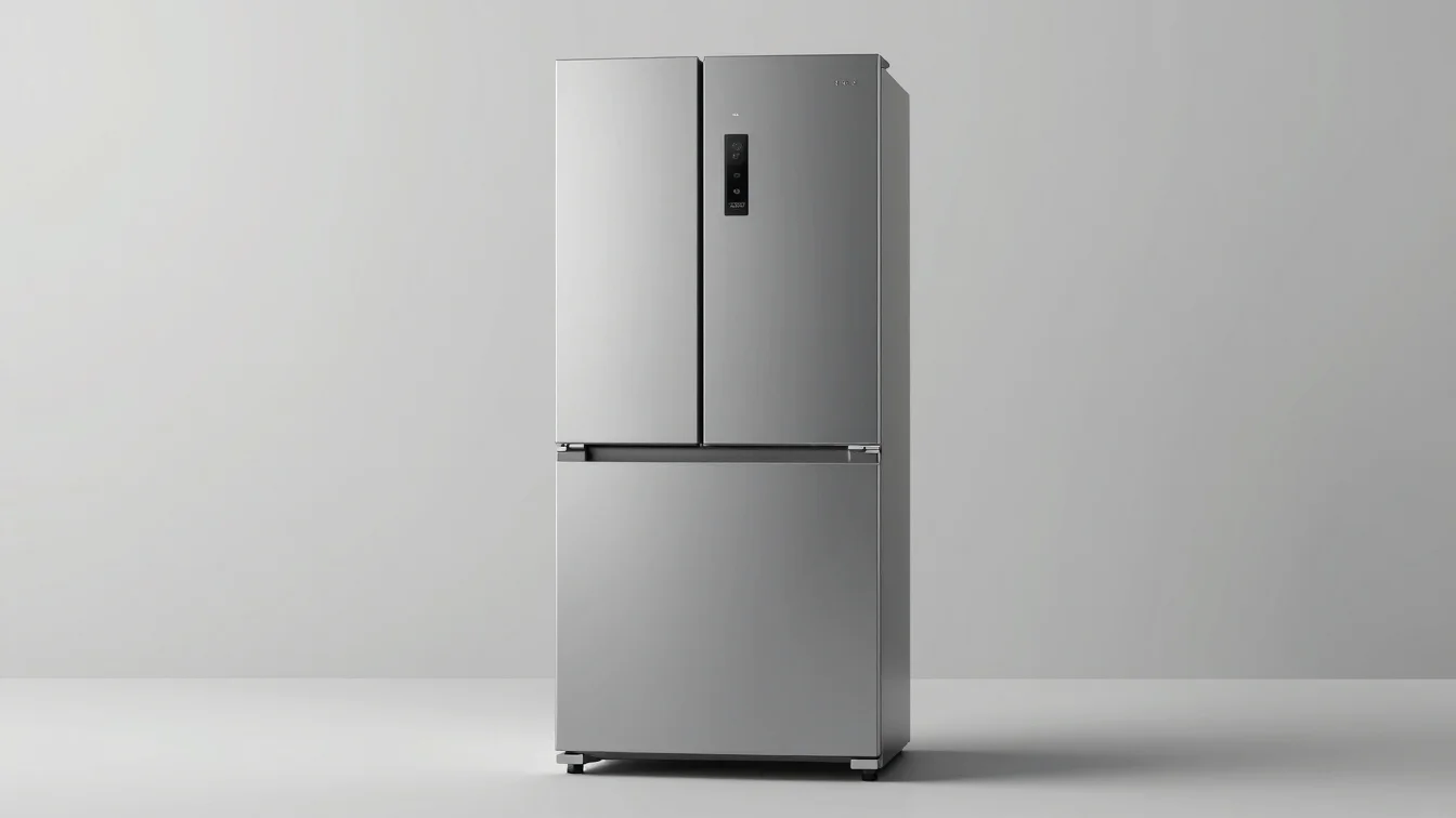 Full-product view of a single domestic refrigerator, soft studio