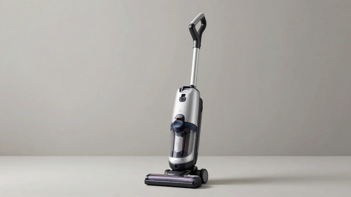 Full-product view of an upright domestic vacuum cleaner, soft stu