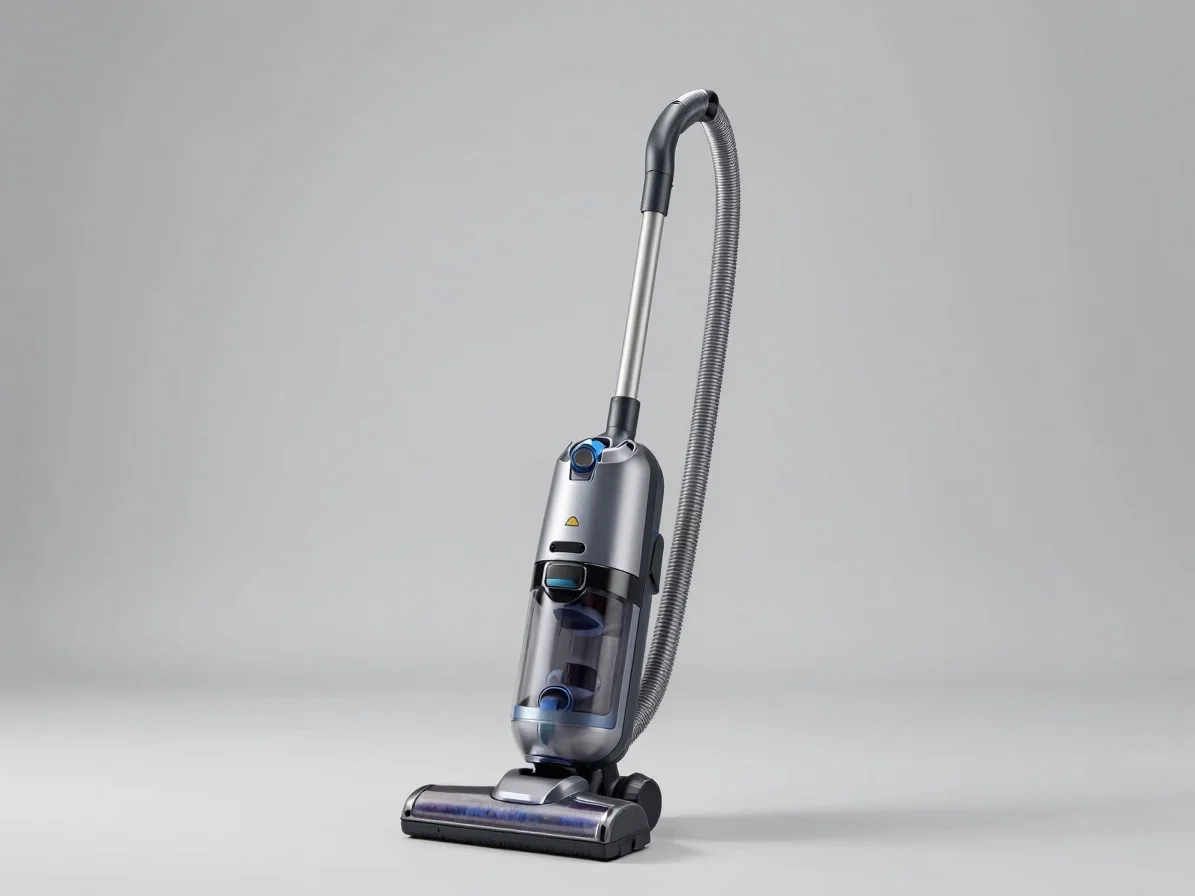 Clean full-product studio photograph of an upright domestic vacuu