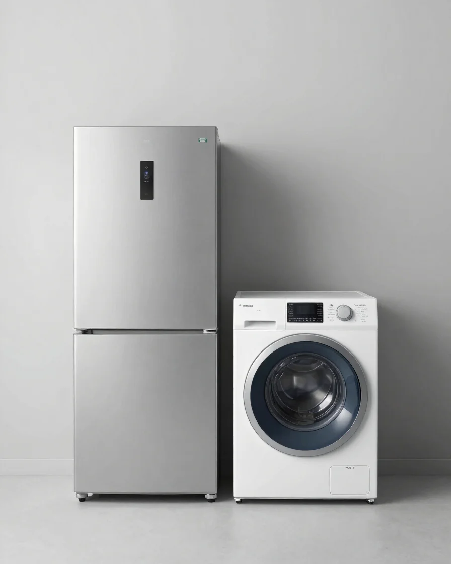 Clean product photography of a modern refrigerator and washing machine side by side, soft studio daylight, cool neutral